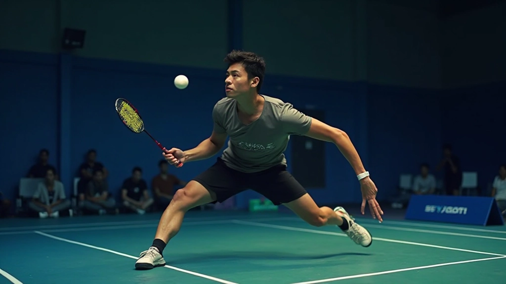 Badminton player executing overhead smash shot during training session