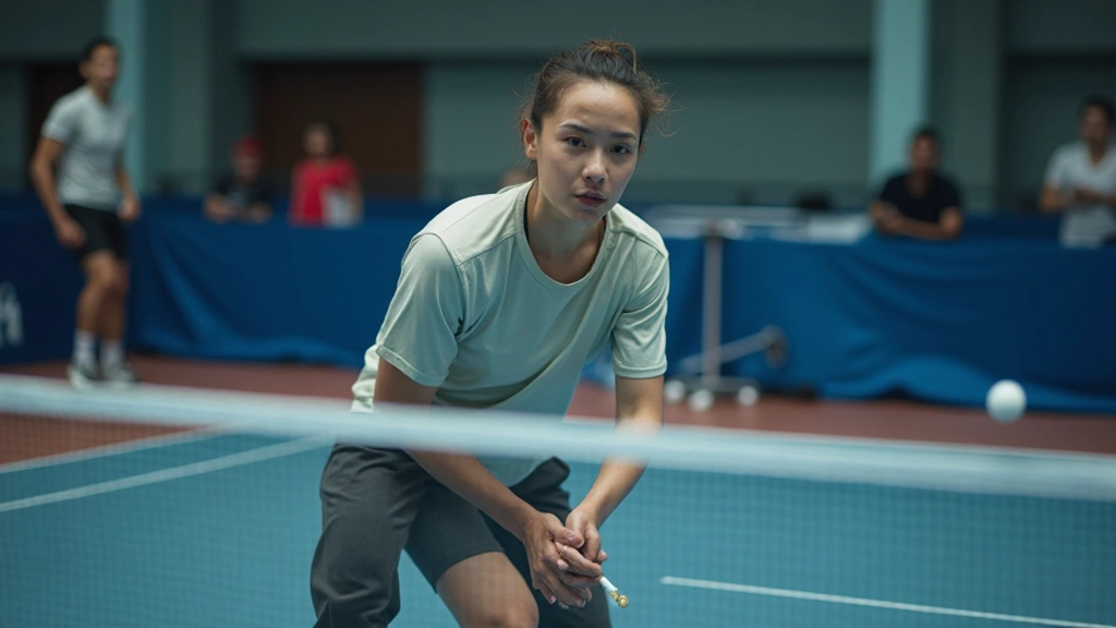 Badminton player executing net positioning and tactical movement on court