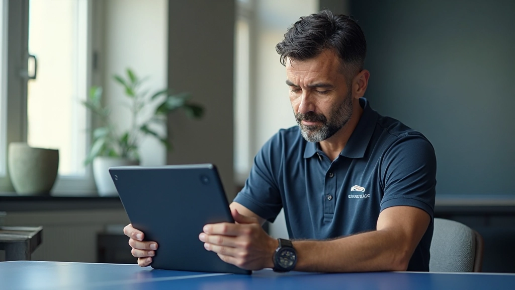 Professional coach analyzing match statistics on tablet during training session