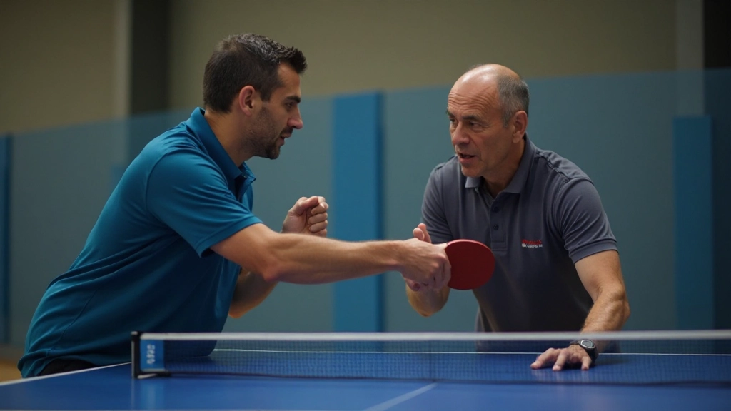 Table tennis coach providing instruction to student at practice table in training facility