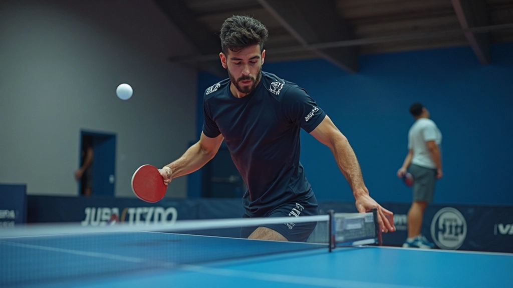 Professional table tennis player demonstrating forehand stroke technique at the table
