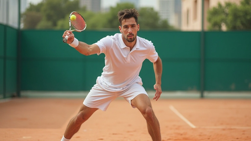 Professional tennis player performing serve on clay court with perfect form