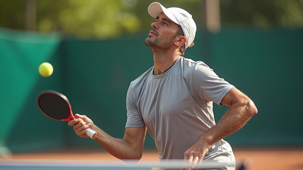 Tennis instructor demonstrating proper serve motion and follow-through on outdoor clay court
