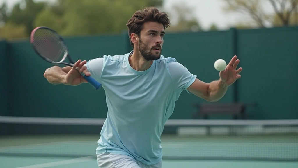 Tennis player demonstrating powerful serving technique on professional court